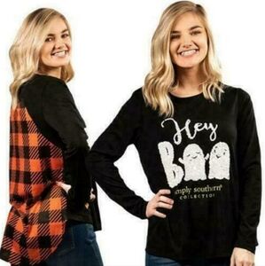 Simply Southern Hey Boo Sequin Ghodt Top Women's Large L Black Orange Plaid EUC